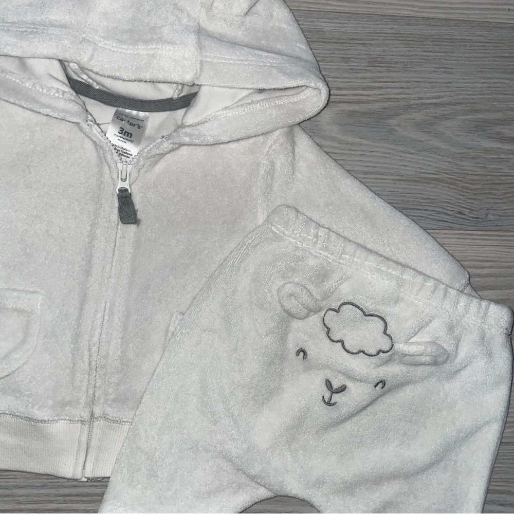 Carter’s Baby Boys 2PC Outfit 3M Fleece White Zip Hoodie Ears Lamb Pants Set - Picture 2 of 4